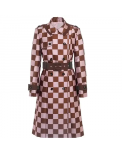 Pink Brown Checkered Trench Coat